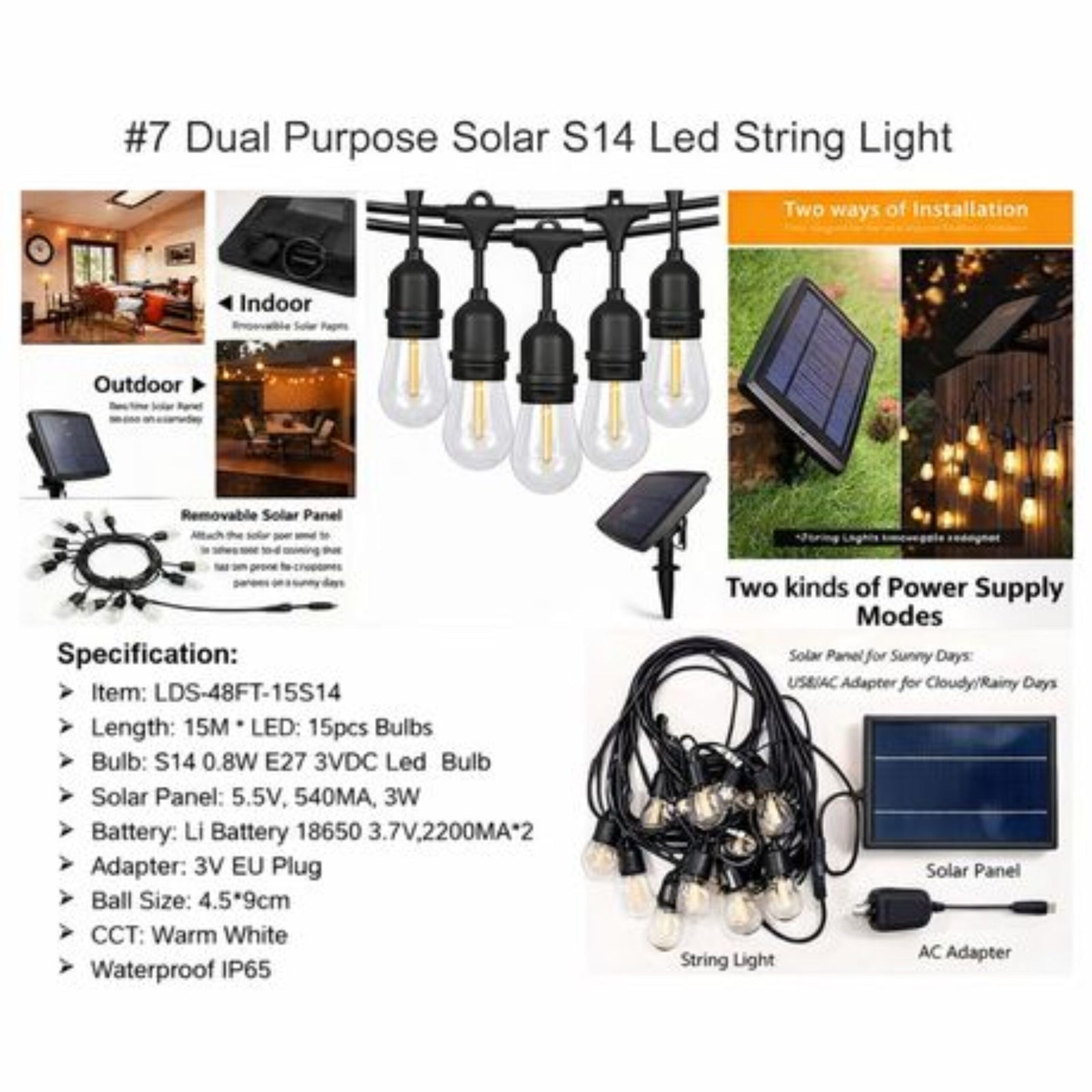 Solar Powered Outdoor LED String Lights- 15M (15 Bulbs) - Image 4