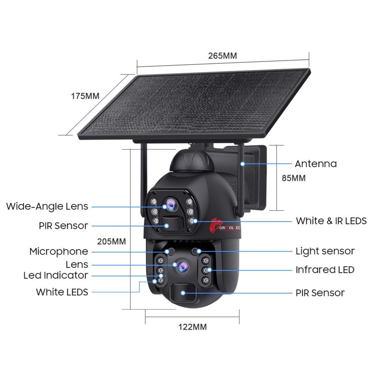 Steel dual-lens solar PTZ camera with solar panel