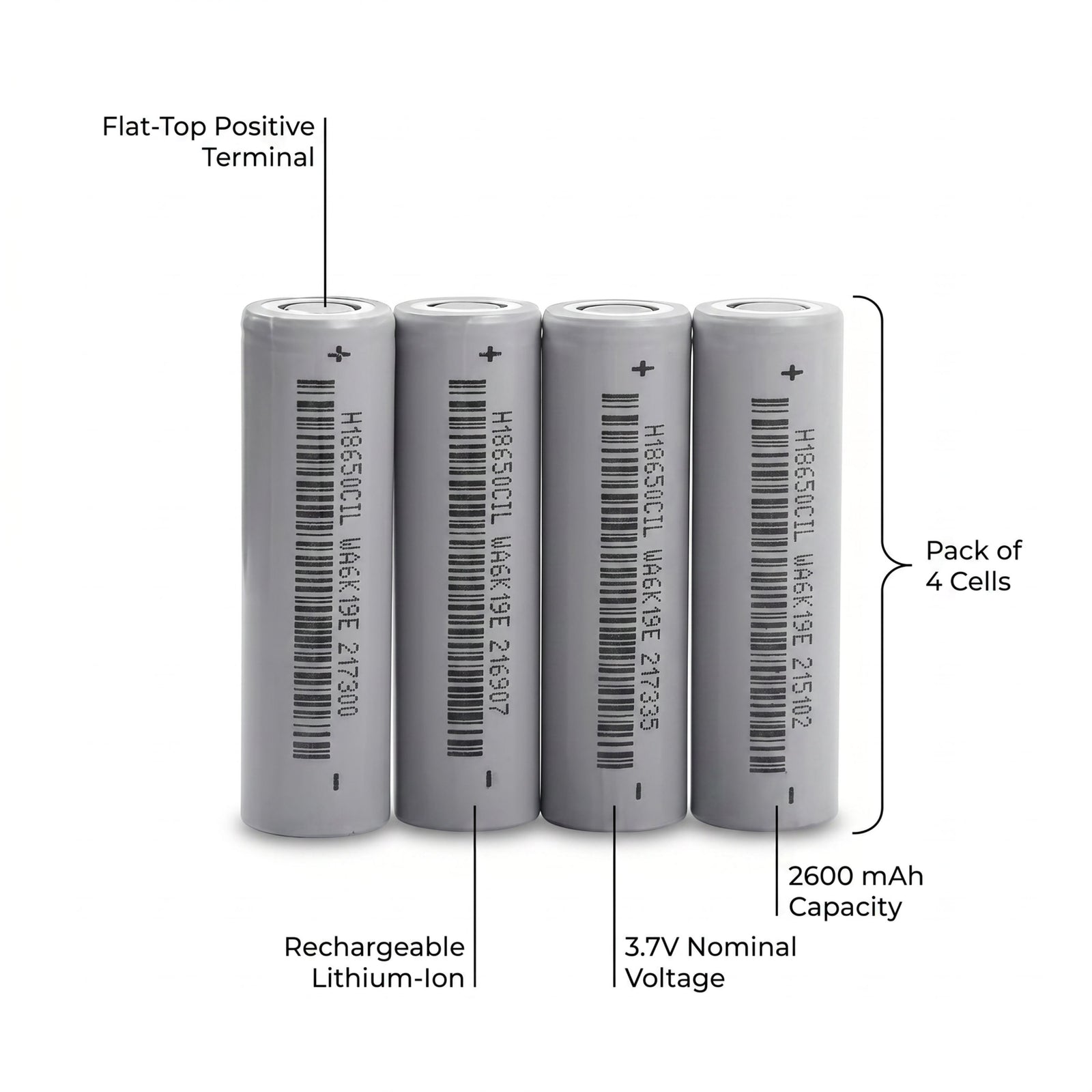18650 Lithium-ion Rechargeable Battery- 3.7V 2600mAh Pack of 4
